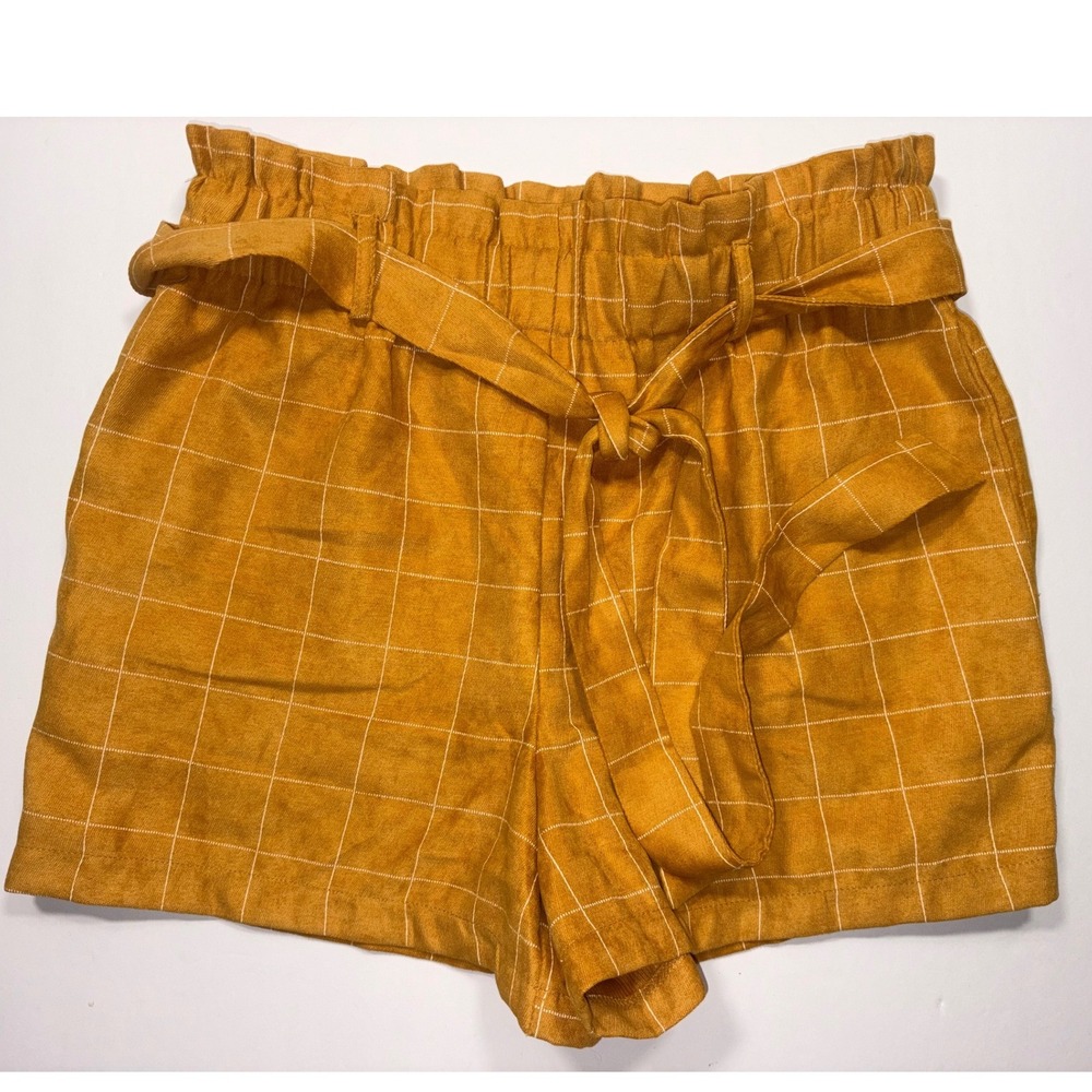 HAVE Women's Paperbag Waist Shorts Mustard Yellow Grid Tie Belt Size L